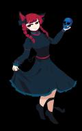 1girl 4qw5_(style) black_background black_bow black_dress black_footwear bow braid commentary dress full_body hair_bow highres holding holding_skull kaenbyou_rin looking_at_viewer medium_hair pixel_art red_hair ryanluke side_braids simple_background skull solo touhou twin_braids // 1000x1600 // 20KB