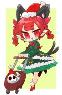 1girl animal_ears bone bow bowtie cat_ears cat_girl cat_tail christmas commentary dress extra_ears full_body green_background green_dress hair_bow hat high_heels highres kaenbyou_rin looking_at_viewer medium_hair multiple_tails nekomata op_na_yarou pointy_ears red_bow red_bowtie red_eyes red_footwear red_hair red_hat santa_hat simple_background skull solo tail touhou two_tails // 1338x2048 // 217KB