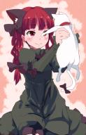 1girl akihikohex animal animal_ears bow braid cat cat_ears cat_tail dress extra_ears green_dress hair_bow holding holding_animal holding_cat kaenbyou_rin looking_at_animal multiple_tails red_eyes red_hair smile solo tail touhou twin_braids // 618x958 // 519KB