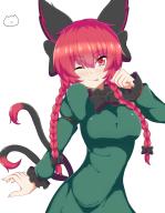 1girl ;p animal_ears black_bow bow braid breasts cat_ears cat_tail dress green_dress hair_bow heart highres kaenbyou_rin long_sleeves multiple_tails nekomata one_eye_closed red_eyes red_hair seo_haruto solo tail tongue tongue_out touhou twin_braids two_tails // 1487x1914 // 1.0MB