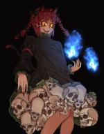 1girl :3 black_background black_dress blunt_bangs braid colored_sclera commentary dress english_commentary extra_ears fang fingernails frilled_dress frills highres hitodama kaenbyou_rin killmouskey long_eyelashes long_fingernails looking_at_viewer medium_hair open_mouth pointy_ears red_hair red_nails side_braids simple_background skull slit_pupils smile solo touhou twin_braids yellow_sclera // 1600x2048 // 312KB