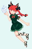 1girl :3 animal_ear_fluff animal_ears bad_id bad_pixiv_id black_bow black_ribbon black_sandals blunt_bangs blush_stickers bow bowtie braid bright_pupils cat_ears closed_mouth dress fire flaming_skull frilled_dress frills full_body green_dress hair_bow hand_up highres hitodama kaenbyou_rin leg_ribbon long_hair looking_at_viewer nekomata one_eye_closed red_bow red_bowtie red_eyes red_hair ribbon sandals skull solo touhou twin_braids white_pupils you_taira // 1200x1812 // 180KB