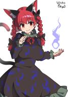 1girl absurdres animal_ears black_bow black_dress bow braid breasts cat_ears cat_girl cat_tail chups commentary dated dress extra_ears frilled_dress frills hair_bow highres hitodama kaenbyou_rin large_breasts long_hair long_sleeves multiple_tails red_eyes red_hair side_braids signature simple_background smile solo tail touhou twin_braids two_tails white_background // 2000x2838 // 1.3MB