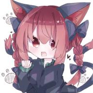 1girl :d animal_ears bow braid cat_ears cat_tail dress eyebrows_hidden_by_hair fang hair_between_eyes highres kaenbyou_rin open_mouth paw_pose paw_print red_eyes red_hair runa0921 simple_background skin_fang smile solo tail touhou twin_braids upper_body white_background // 1280x1280 // 222KB