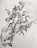 1girl :d absurdres animal_ears bow bowtie braid cat_ears cat_tail commentary_request dress extra_ears full_body greyscale highres hitodama kabocha1408 kaenbyou_rin leg_ribbon leg_up medium_hair monochrome multiple_tails nekomata open_mouth ribbon side_braids sketch skull smile solo tail touhou traditional_media twin_braids two_tails vietnamese_commentary wheelbarrow // 2222x2832 // 2.0MB