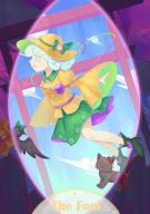 1girl commentary green_eyes green_footwear green_hair heart high_heels kaenbyou_rin kaenbyou_rin_(cat) komeiji_koishi long_sleeves open_mouth outdoors reiuji_utsuho reiuji_utsuho_(bird) tarot third_eye torii touhou variant_set vikramjoti wide_sleeves yellow_headwear // 637x900 // 513KB