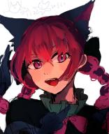 1girl animal_ear_fluff animal_ears black_bow black_dress bow bowtie braid cat_ears cat_tail commentary dress extra_ears hair_between_eyes hair_bow kaenbyou_rin long_hair looking_at_viewer multiple_tails nekomata open_mouth portrait red_bow red_bowtie red_eyes red_hair slit_pupils solo tail teeth tongue touhou twin_braids two_tails tyatya_(tyatya333) upper_teeth_only // 767x944 // 125KB