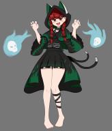 1girl :d absurdres alternate_costume animal_ears animal_hood avian_zebra black_hoodie black_ribbon blunt_bangs cat_ears cat_girl cat_hood cat_tail commentary dress english_commentary extra_ears fang flame_print full_body green_dress grey_background highres hitodama hood hoodie kaenbyou_rin leg_ribbon legs looking_at_viewer multiple_tails open_mouth red_eyes red_hair ribbon simple_background skull smile solo tail touhou two_tails // 2400x2800 // 1.1MB