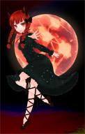 1girl :d animal_ears braid cat_ears dress foreshortening full_moon kaenbyou_rin leg_ribbon moon multiple_tails night open_mouth red_eyes red_hair red_moon ribbon sepia_(sepia1) smile solo tail touhou twin_braids // 740x1157 // 919KB