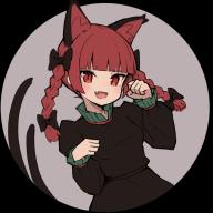 1girl aki_inu animal_ears black_dress blunt_bangs cat_ears cat_girl cat_tail clenched_hands dress extra_ears fang grey_background kaenbyou_rin long_sleeves multiple_tails nekomata open_mouth red_eyes simple_background skin_fang slit_pupils solo tail touhou two_tails upper_body // 700x700 // 198KB