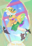 1girl commentary green_eyes green_footwear green_hair heart high_heels kaenbyou_rin kaenbyou_rin_(cat) komeiji_koishi long_sleeves open_mouth outdoors reiuji_utsuho reiuji_utsuho_(bird) tarot third_eye torii touhou variant_set vikramjoti wide_sleeves yellow_headwear // 637x900 // 438KB