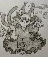 1girl animal_ear_fluff animal_ears braid breasts cat_ears cat_girl cat_tail commentary dated dress extra_ears full_body greyscale highres hitodama juliet_sleeves kaenbyou_rin long_hair long_sleeves looking_at_viewer monochrome multiple_tails pointy_ears puffy_sleeves side_braids solo tail tenkatorouze touhou twin_braids two_tails // 1726x2048 // 657KB