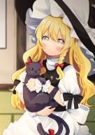 1girl animal apron black_headwear black_vest blonde_hair blush bow braid cat closed_mouth commentary_request frilled_headwear hat hat_bow highres holding holding_animal holding_cat indoors kaenbyou_rin kaenbyou_rin_(cat) kirisame_marisa long_hair looking_at_viewer multiple_tails puffy_short_sleeves puffy_sleeves red_eyes shirt short_sleeves single_braid sleeve_bow tail tail_bow tail_ornament touhou turtleneck two_tails uchisaki_himari very_long_hair vest waist_apron white_apron white_bow white_shirt witch_hat wrist_cuffs yellow_eyes // 1254x1770 // 351KB