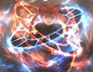 1girl :d animal_ears black_dress blue_fire bow braid cat_ears danmaku dress extra_ears fangs fire frills hair_bow kaenbyou_rin long_skirt multiple_tails nekomata niwaniwatori open_mouth puffy_short_sleeves puffy_sleeves red_eyes red_hair short_sleeves skirt smile spell_card tail touhou twin_braids // 1299x1005 // 1.9MB