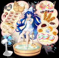 1girl alternate_costume barefoot bird black_cat blue_hair blush bottle bow bucket cat chair closed_eyes dango dress electric_fan feet flying_sweatdrops food food_print full_body game_cg hair_bow hardboiled_egg highres ice_cream kaenbyou_rin kaenbyou_rin_(cat) legs long_hair looking_at_viewer milk_bottle mitarashi_dango musical_note official_art on_chair open_mouth reiuji_utsuho reiuji_utsuho_(bird) rotte_(1109) rubber_duck sitting skewer smile soaking_feet soles solo speech_bubble steamed_bun third-party_source thought_bubble toenails toes touhou touhou_lostword translation_request transparent_background very_long_hair wading wagashi water white_bow white_dress wooden_bucket yogurt yorigami_jo'on yorigami_shion yorigami_shion_(i_wanna_live_here!) // 1992x1989 // 2.9MB