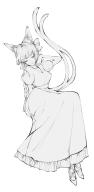 1girl absurdres animal_ear_fluff animal_ears arm_up blunt_bangs cat_ears cat_tail full_body gin_fragrans greyscale half-closed_eyes highres kaenbyou_rin long_hair looking_away monochrome multiple_tails nekomata puffy_short_sleeves puffy_sleeves short_sleeves solo tail touhou two_tails very_long_hair // 1363x2766 // 467KB