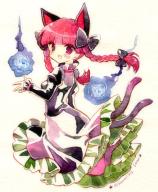 1girl :d animal_ears black_bow black_dress blush bow braid cat_ears cat_tail dress extra_ears fang ghost hitodama holding holding_skull kaenbyou_rin looking_at_viewer looking_back multiple_tails one-hour_drawing_challenge open_mouth paper_texture pointy_ears puffy_sleeves red_eyes red_hair sasamiii373 signature simple_background skin_fang skull smile star_(symbol) tail touhou traditional_media twin_braids two_tails // 827x1000 // 163KB