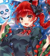 1girl :d animal_ears aura black_bow bow bowtie braid breasts cat_ears chacham cleavage cleavage_cutout clothing_cutout commentary_request cross-laced_clothes dress fang fingernails fire frilled_dress frills green_dress hair_bow juliet_sleeves kaenbyou_rin long_fingernails long_sleeves medium_breasts nail_polish open_mouth puffy_sleeves red_bow red_bowtie red_eyes red_hair red_nails red_ribbon ribbon skin_fang skull smile solo touhou twin_braids wide_sleeves // 800x903 // 159KB