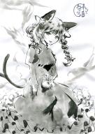 1girl :3 :d animal_ears bird braid breasts cat cat_ears chidori_nekoro dress earrings forked_tail hitodama jewelry juliet_sleeves kaenbyou_rin long_sleeves looking_at_viewer medium_breasts nekomata open_mouth puffy_sleeves signature skull smile solo tail touhou twin_braids // 800x1123 // 162KB