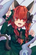 1girl :d animal_ear_fluff animal_ears black_bow black_bowtie blush bow bowtie braid cat_ears cat_tail commentary dress fang fingernails frilled_sleeves frills green_dress hair_between_eyes hair_bow hands_up highres hitodama juliet_sleeves kaenbyou_rin long_hair long_sleeves looking_at_viewer nekomata open_mouth paw_pose puffy_sleeves red_eyes red_hair smile solo tail touhou tsukikusa twin_braids upper_body // 1400x2098 // 2.0MB