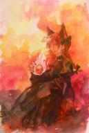 1girl animal_ears black_bow black_dress bow braid cat_ears cat_girl commentary_request dress flat_chest hair_bow highres holding holding_skull juliet_sleeves kaenbyou_rin kaigen_1025 long_hair long_sleeves open_mouth painting_(medium) puffy_sleeves red_eyes red_hair sitting skull smile touhou traditional_media twin_braids watercolor_(medium) // 809x1200 // 150KB