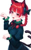 1girl :d absurdres animal_ear_fluff animal_ears black_bow blunt_bangs blush bow braid breasts cat_ears cat_girl cat_tail cowboy_shot dress extra_ears fangs fingernails frilled_sleeves frills green_dress hair_bow hair_intakes hands_up highres juliet_sleeves kaenbyou_rin large_breasts long_hair long_sleeves looking_at_viewer medium_breasts multiple_tails nameko_houshi neck_ribbon nekomata open_mouth paw_pose pointy_ears puffy_sleeves red_hair red_ribbon ribbon simple_background smile solo tail teeth touhou twin_braids two_tails white_background // 1666x2666 // 376KB