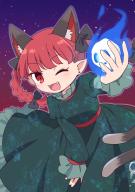 1girl ;d animal_ear_fluff animal_ears black_bow bow braid cat_ears cat_girl cat_tail closed_mouth commentary dress earrings extra_ears fangs gradient_background green_dress hair_bow jewelry juliet_sleeves kaenbyou_rin long_sleeves looking_at_viewer multiple_tails one_eye_closed open_mouth pointy_ears puffy_sleeves rating:general red_eyes red_hair score:1 skull smile solo tail touhou twin_braids two_tails upper_body yamabuki_(yusuraume) // 708x1000 // 104KB