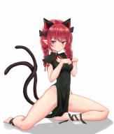 1girl alternate_costume animal_ears black_bow black_dress blush bow cat_ears cat_girl cat_tail china_dress chinese_clothes clenched_hands closed_mouth dress extra_ears full_body hair_bow hashtag-only_commentary highres kaenbyou_rin looking_at_viewer multiple_tails pointy_ears qi_lang3568 red_eyes red_hair simple_background solo tail touhou two_tails white_background // 1741x2048 // 199KB