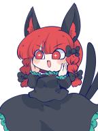 1girl :d animal_ear_fluff animal_ears black_bow black_shirt black_skirt bow braid cat_ears cat_girl cat_tail chahan_(fried_rice0614) chibi collar commentary_request cowboy_shot fang frilled_collar frilled_skirt frilled_sleeves frills green_trim hair_bow hands_on_own_cheeks hands_on_own_face highres kaenbyou_rin medium_hair multiple_tails open_mouth red_eyes red_hair shirt simple_background skirt skirt_set smile solo sparkling_eyes tail tail_raised touhou twin_braids two_tails white_background // 960x1280 // 459KB