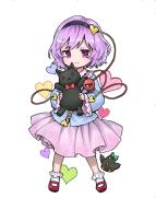 1girl :3 ama-tou animal ankle_socks bird black_bird black_hairband blouse blue_shirt bobby_socks bow bowtie character_doll closed_mouth collared_shirt diagonal_stripes doll eyeball floral_print frilled_shirt_collar frilled_sleeves frilled_socks frills full_body hair_ornament hairband heart heart_hair_ornament holding holding_stuffed_toy kaenbyou_rin kaenbyou_rin_(cat) komeiji_satori legs_apart light_purple_hair long_sleeves looking_at_viewer mary_janes medium_skirt no_nose petticoat pink_eyes pink_skirt polka_dot print_skirt purple_hair red_bow red_bowtie red_shoes reiuji_utsuho reiuji_utsuho_(bird) ribbon_trim rose_print shirt shoes short_hair simple_background skirt smile socks solo split_mouth striped stuffed_animal stuffed_cat stuffed_toy swept_bangs third_eye touhou vertical_stripes white_background white_socks wide_sleeves // 413x551 // 167KB