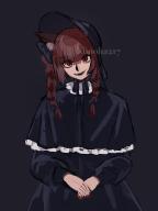 1girl alternate_costume animal_ear_fluff animal_ears black_background black_bow black_capelet black_dress black_hat black_ribbon bow braid brown_hair capelet cat_ears cat_girl collar commentary dress english_commentary fangs frilled_capelet frills funeral_dress hair_bow hat head_tilt highres kaenbyou_rin konoha217 neck_ribbon open_mouth own_hands_together red_eyes red_nails ribbon simple_background slit_pupils smile touhou twin_braids twitter_username upper_body watermark white_collar // 1500x2000 // 838KB