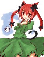 1girl :d animal_ears atory black_bow bow braid breasts cat_ears cat_tail commentary_request cowboy_shot dress floating_skull frills green_dress hair_between_eyes hair_bow hair_ribbon hands_up hitodama juliet_sleeves kaenbyou_rin long_hair long_sleeves looking_at_viewer open_mouth petticoat puffy_sleeves red_eyes red_hair ribbon simple_background slit_pupils small_breasts smile solo tail touhou tress_ribbon twin_braids white_background // 700x896 // 315KB