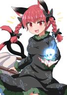1girl :d animal_ear_fluff animal_ears black_bow bow braid breasts cat_ears cat_tail chups dress extra_ears fang floating_skull frilled_dress frills grey_dress hair_bow highres hitodama kaenbyou_rin light_blush long_sleeves looking_at_viewer medium_breasts multiple_tails nekomata open_mouth pointy_ears red_eyes red_hair smile solo tail touhou twin_braids two_tails wheelbarrow // 1398x1966 // 1.2MB