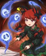 1girl :d absurdres animal_ears bow braid cat_ears cat_tail dress extra_ears gurina_15 hair_bow highres hitodama kaenbyou_rin long_sleeves multiple_tails open_mouth red_eyes red_hair skull smile solo tail touhou twin_braids wheelbarrow // 2100x2579 // 7.3MB