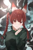 1girl absurdres animal_ear_fluff animal_ears black_bow bow braid cat_ears cat_girl closed_mouth fingernails hair_bow highres hitodama kaenbyou_rin long_hair long_sleeves looking_at_viewer palulap red_eyes red_hair red_nails sharp_fingernails side_braids slit_pupils smile smoke solo touhou tsurime twin_braids upper_body // 3368x5091 // 25MB