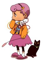 1girl black_cat black_eyes black_hairband black_pants blue_shirt cat commentary_request frilled_shirt_collar frills full_body hair_ornament hairband hand_on_own_chin heart heart_hair_ornament holding_cat_teaser jacket kaenbyou_rin kaenbyou_rin_(cat) komeiji_satori looking_afar onikobe_rin open_clothes open_jacket orange_jacket pants purple_hair purple_skirt purple_slippers ribbon-trimmed_collar ribbon_trim shirt short_hair simple_background skirt slippers socks solo thinking third_eye touhou white_background white_socks // 525x700 // 105KB