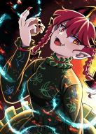 1girl :d absurdres animal_ears breasts cat_ears dark_background dress extra_ears fangs fingernails frills green_dress hand_up highres hitodama kaenbyou_rin medium_breasts nail_polish open_mouth pointy_ears red_nails sharp_fingernails sidelighting smile solo touhou // 1780x2492 // 4.6MB