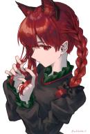 1girl absurdres animal_ears aokihatoba_01 braid cat_ears cat_girl commentary_request extra_ears hand_in_own_hair highres juliet_sleeves kaenbyou_rin long_hair long_sleeves looking_at_viewer puffy_sleeves red_eyes red_hair side_braids simple_background solo touhou twin_braids twitter_username upper_body white_background // 2100x3100 // 3.4MB
