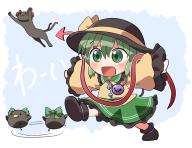 1girl :d bird black_bird black_cat black_hat blush bow brown_footwear buttons cat collared_shirt commentary_request diamond_button frilled_shirt_collar frilled_skirt frilled_sleeves frills full_body green_bow green_eyes green_hair green_skirt hair_between_eyes hat hat_ribbon kaenbyou_rin kaenbyou_rin_(cat) komeiji_koishi long_sleeves open_mouth outstretched_arms reiuji_utsuho reiuji_utsuho_(bird) ribbon rokugou_daisuke shirt shoes short_hair signature skirt smile spread_arms third_eye touhou yellow_ribbon yellow_shirt // 1318x1018 // 880KB