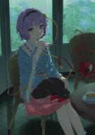 1girl black_cat blue_shirt cat chair commentary feet_out_of_frame finger_to_mouth floral_print frills hairband highres indoors kaenbyou_rin kaenbyou_rin_(cat) kanpa_(campagne_9) komeiji_satori long_sleeves looking_at_viewer nekomata pink_skirt purple_eyes purple_hair rain shirt short_hair shushing sitting skirt solo table third_eye touhou wide_sleeves window // 1592x2249 // 2.8MB