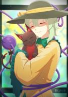 1girl absurdres animal artist_name black_hat blouse bow cat closed_eyes collared_shirt frilled_sleeves frills grey_hair hair_between_eyes hat hat_bow highres holding holding_animal holding_cat hug kaenbyou_rin kaenbyou_rin_(cat) komeiji_koishi lips long_sleeves multiple_tails restra25 shirt short_hair smile solo tail tail_bow tail_ornament third_eye touhou two_tails upper_body wide_sleeves window yellow_bow yellow_shirt // 2893x4092 // 3.7MB
