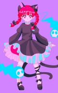 1girl :3 animal_ears bow braid cat_ears cat_tail dress hanadi_detazo highres kaenbyou_rin light_smile long_sleeves looking_at_viewer multiple_tails nekomata purple_background red_eyes red_hair retro_artstyle simple_background solo tail touhou twin_braids two_tails // 1212x1925 // 162KB