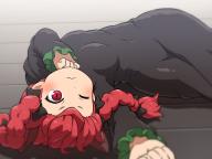 1girl :3 animal_ears black_bow black_dress blush bow braid cat_day cat_ears cat_girl closed_mouth commentary dress extra_ears feet_out_of_frame hair_bow kaenbyou_rin looking_at_viewer on_floor one_eye_closed red_eyes red_hair shirosato solo touhou twin_braids upside-down // 1440x1080 // 774KB