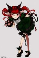 1girl :3 animal_ear_fluff animal_ears animal_hands black_shoes blunt_bangs bow cat_ears cat_paws cat_tail dress extra_ears footwear_bow frilled_dress frilled_sleeves frills green_dress grey_background highres kaenbyou_rin leaning_forward leg_ribbon mary_janes multiple_tails nekomata one_eye_closed paw_pose pointy_ears puffy_short_sleeves puffy_sleeves red_eyes red_hair ribbon shoes short_sleeves sidelocks signature solo standing tail thigh_ribbon thigh_strap toritoma_(sweetandsour) touhou twintails two_tails // 1181x1748 // 188KB