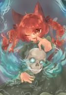 1girl absurdres animal_ear_fluff animal_ears arm_up black_bow bow braid cat_ears cat_tail commentary dress foreshortening glowing glowing_eyes gradient_background green_dress grey_background hair_bow hair_ribbon highres hitodama holding holding_skull juliet_sleeves kaenbyou_rin long_hair long_sleeves multiple_tails nekomata puffy_sleeves reaching reaching_towards_viewer red_eyes red_hair ribbon simple_background skull solo sunnyagi906 symbol-only_commentary tail touhou tress_ribbon twin_braids two_tails // 2894x4093 // 827KB