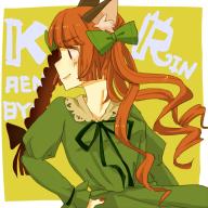 1girl animal_ears blunt_bangs braid cat_ears cat_girl character_name dress green_dress green_ribbon hand_on_own_hip juliet_sleeves kaenbyou_rin long_hair long_sleeves looking_to_the_side nail_polish neck_ribbon puffy_sleeves red_eyes red_hair red_nails ribbon simple_background single_braid smile solo toad22 touhou yellow_background // 750x750 // 470KB