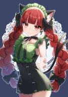 1girl :3 alternate_costume animal_ear_fluff animal_ears arms_behind_back black_bow black_ribbon blue_background blunt_bangs bow braid cat_ears cat_tail closed_mouth cowboy_shot dress elbow_gloves eyelashes frilled_dress frills gloves green_dress hair_bow hashtag-only_commentary highres kaenbyou_rin kuroda_(chokobo_314) light_smile long_hair maid_headdress multiple_tails neck_ribbon red_eyes red_hair ribbon solo tail touhou twin_braids twitter_username two_tails // 1249x1767 // 276KB