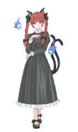 1girl absurdres animal_ears black_bow black_dress bow cat_ears cat_girl cat_tail closed_mouth commentary dress extra_ears frilled_dress frills full_body hair_bow highres hitodama kaenbyou_rin kashiwada_kiiho long_sleeves looking_at_viewer multiple_tails red_eyes red_hair simple_background solo tail touhou two_tails upper_body white_background // 2591x4358 // 2.8MB
