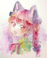 1girl 2zuz4hru :d animal_ears artist_name blunt_bangs blush bow braid cat_ears kaenbyou_rin looking_at_viewer neck_ribbon open_mouth painting_(medium) portrait red_ribbon ribbon smile solo touhou traditional_media twin_braids watercolor_(medium) // 828x1024 // 200KB
