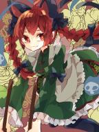 1girl animal_ears apron black_bow black_pantyhose bow braid cat_ears cat_girl commentary dress extra_ears fang feet_out_of_frame floral_background frilled_apron frilled_dress frills ghost green_dress hair_bow kaenbyou_rin long_hair long_sleeves looking_at_viewer multiple_tails nikorashi-ka one-hour_drawing_challenge pantyhose pushcart red_eyes red_hair smile solo tail touhou twin_braids two_tails white_apron wide_sleeves // 750x1000 // 153KB